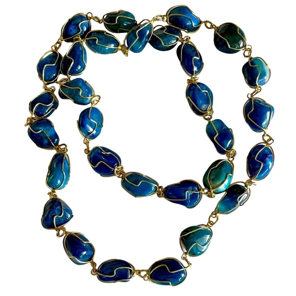Vintage Polished Blue Agate Nuggets and Goldtone Cage Necklace 30”